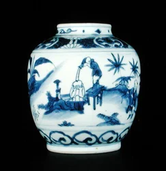 Blau-weiße Vase, bemalt mit einem Jungen beim Baden, Wanli oder Chongzheng, 1600-30
